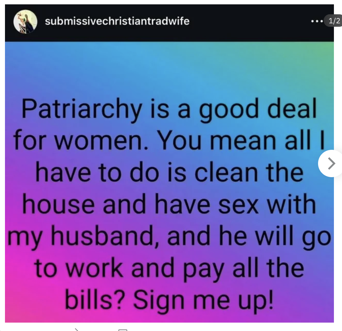 screenshot - submissivechristiantradwife 12 Patriarchy is a good deal for women. You mean all I have to do is clean the house and have sex with my husband, and he will go to work and pay all the bills? Sign me up! >